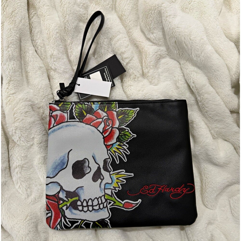 ed hardy skull floral rose makeup cosmetic bag black zip wrist strap wristlet